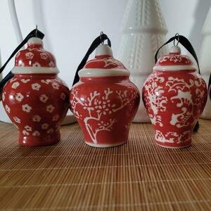 3 Pack Red Mini Ginger Jar Christmas Ornaments Hanging Chinoiserie Ceramic NWT